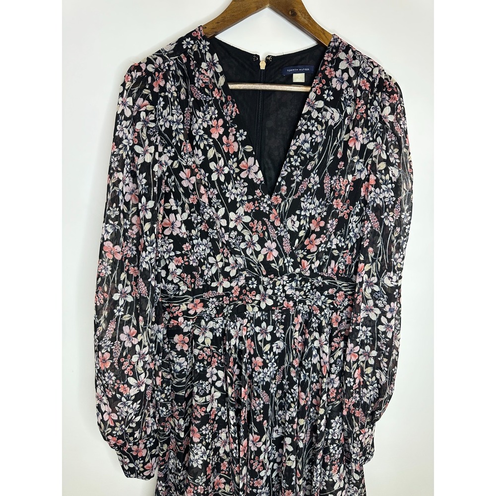 NEW Tommy Hilfiger Floral Metallic Chiffon V-Neck Dress Black Pink Size 10 - Picture 4 of 13